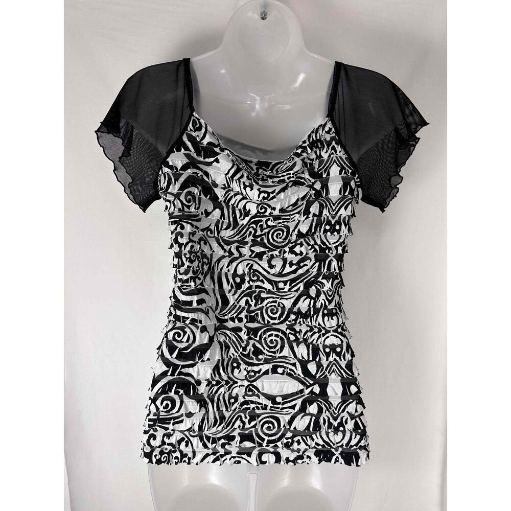 Simply French Womens Black White Ruffle Layered Casual Blouse Size Small - Picture 4 of 5